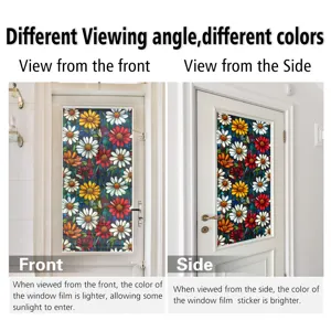 Stained glass window film with colorful daisy flower pattern, offering different color effects from angles.