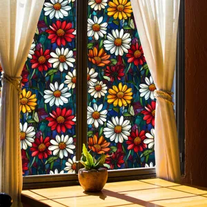 Stained glass window film with colorful floral daisy pattern, static cling privacy glass sticker.