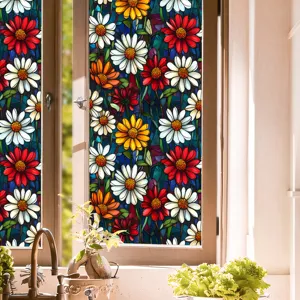 Colorful stained glass window film featuring beautiful daisy floral patterns, static cling design.