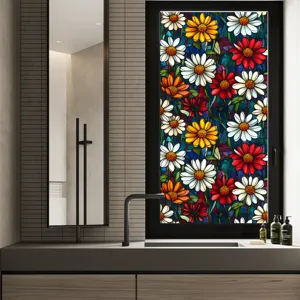Decorative stained glass window film with colorful daisy floral pattern for home privacy protection