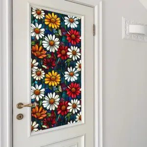 Stained glass window film with colorful daisy floral pattern for door home decor detail view.