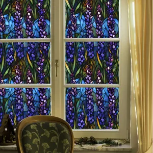 Decorative stained glass window film with purple floral pattern, static cling privacy film.