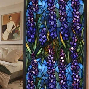 Stained glass window film detail showing vibrant purple lavender floral pattern design.