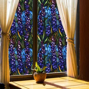 Stained glass window film with purple flower pattern, static cling privacy decorative film.