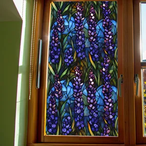 Stained glass window film with vibrant purple floral pattern, static cling design for privacy.