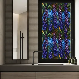 Stained glass window film purple floral privacy sticker for home bathroom decor glass