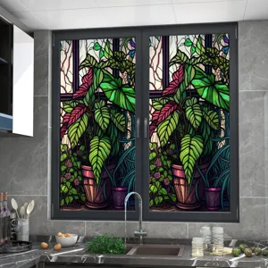 Stained glass window film privacy static cling decorative plant film for home kitchen decor.