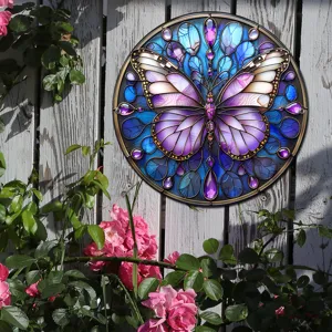 Adorno colgante de mariposa de vidriera redonda, decoración de pared de jardín de metal.