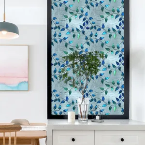 Decoratieve raamfolie statisch hechtend matglas sticker met blauw groen blad patroon.
