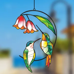 Stained glass hummingbird window hanging metal double sided art decoration for home decor