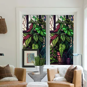 Stained glass window film with colorful botanical plant floral pattern for home window decoration.