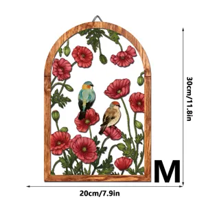 Wooden and iron arched wall hanging decor featuring botanical poppy flowers and cute birds for home.