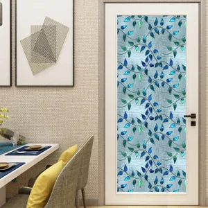 PVC statische raamfolie retro blauw groene bladeren glassticker voor deur huisdecoratie