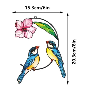 Stained glass bird and flower design metal wall hanging window decoration craft item