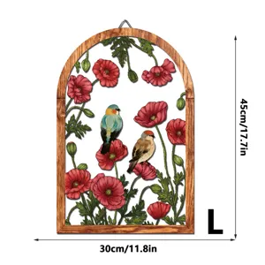 Wooden iron arch wall decor with red poppy flowers and cute birds detail view 45x30cm