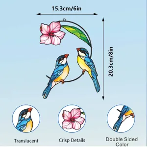 Metal stained glass bird flower wall hanging ornament detail view crisp colors translucent