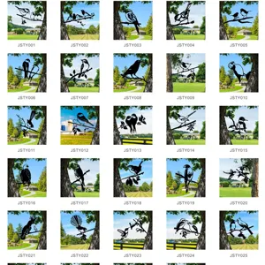Metal Bird Tree Silhouette Garden Stake Outdoor Yard Art Iron Animal Decor Lawn Ornament Plant Pot Decoration