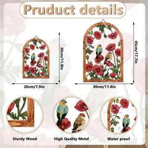 Metal and wood wall hanging decor with red poppy flowers and birds, arched design, waterproof.