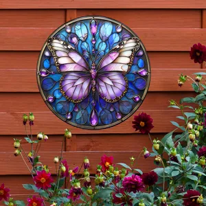 Colgante de pared de mariposa morada estilo vitral para jardín exterior y decoración.