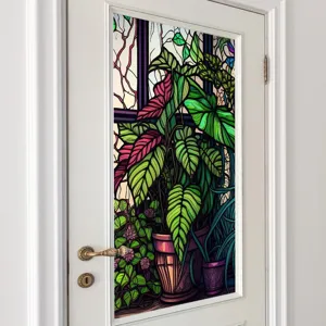 Decorative stained glass window film for glass doors, tropical plant design, static cling PVC.