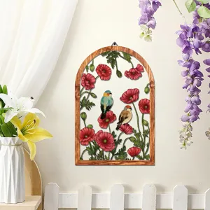 Arch wooden metal wall hanging decor with vintage bird and red poppy flower art for home room.