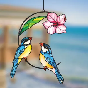Metal stained glass bird hanging decor, double sided window suncatcher pendant for home wall decoration.