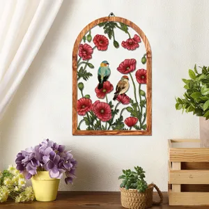 Wooden and iron arched wall hanging featuring red poppy flowers and birds design home decor.