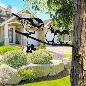 Metal bird tree silhouette garden art, black iron animal sculpture outdoor decor for yard.