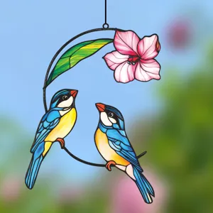 Stained glass bird suncatcher hanging decoration, double sided window decor for home.