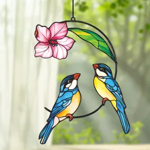Metal iron hummingbird window hanging ornament, exquisite stained glass flower detail design.