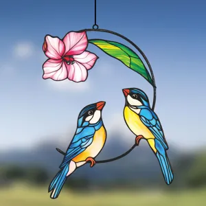 Stained glass style double birds and flower hanging window suncatcher detail decor