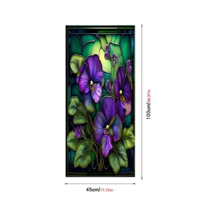 Decorative stained glass window film with vibrant purple flowers, PVC static cling privacy film.
