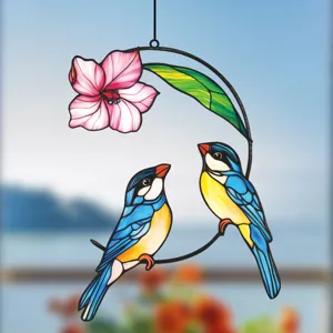 Stained glass style double bird hanging suncatcher with pink flower for home window wall decor