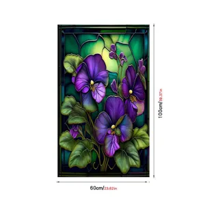 Detailed view of stained glass style purple pansies window sticker, 60x100cm decorative PVC film.