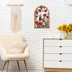 Wooden arch wall decor featuring colorful birds and red flowers, perfect for cozy room accent.