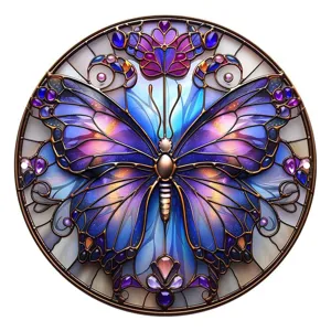 Decoración colgante de metal con mariposa de vidrio tintado redondo para arte de pared de jardín.