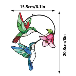 Stained Glass Hummingbird Wall Hanging Metal Flower Suncatcher Home Decor 15cm