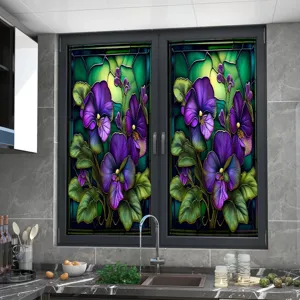 Detailed view of stained glass window film featuring purple pansies for kitchen decoration.