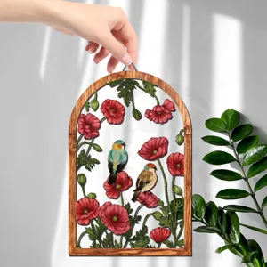 Wooden arched wall hanging plaque with red flowers and cute birds for home indoor use.
