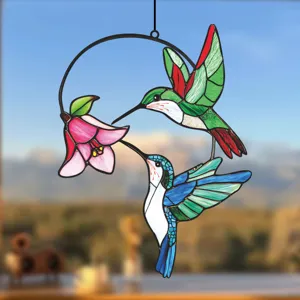 Stained glass hummingbird window hanging suncatcher with pink flower metal art home decor