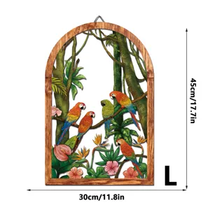 Wooden metal arched wall hanging with tropical parrot jungle design, size 45x30cm home decor.