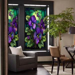 Stained glass window film decorative privacy static cling purple flower sticker for home