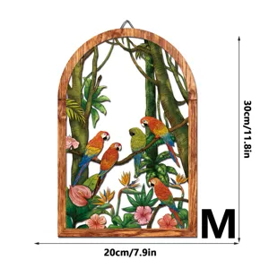 Wooden and metal arch wall hanging with tropical parrot and floral design, size M 30x20cm
