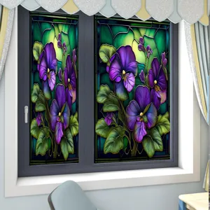 Decorative stained glass window film, static cling PVC purple flower window sticker for home.