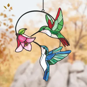 Stained glass hummingbird hanging window ornament featuring colorful birds and flowers.