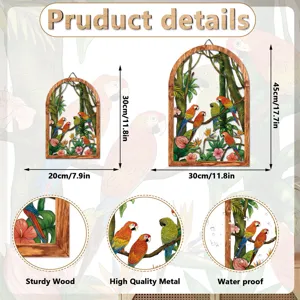 Tropical parrot metal wood wall art hanging tropical jungle window frame home decor 2 sizes