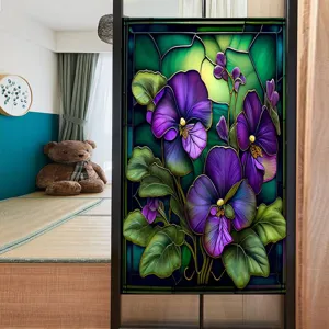 Decorative stained glass window film with purple flower pattern, removable PVC static cling for home.