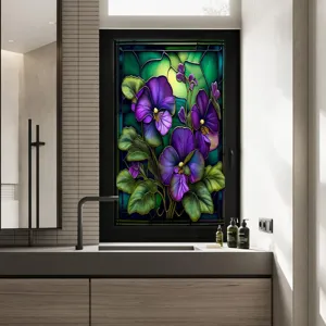 Stained glass window film with vibrant purple pansy flowers design, static cling for home.
