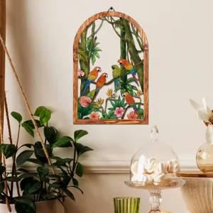 Wooden arch jungle parrot wall art hanging metal decorative piece for home interior room decor