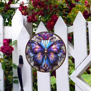 Placa de decoración de jardín al aire libre colgante de mariposa de metal estilo vidriera
